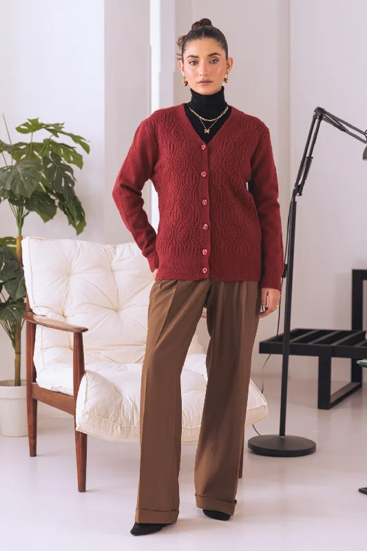 MAROON-V-NECK FULL SLEEVES CARDIGAN SWEATER (24X-015-66)