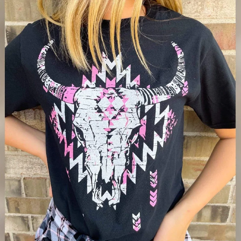 Black Aztec Bull Skull Graphic Tee