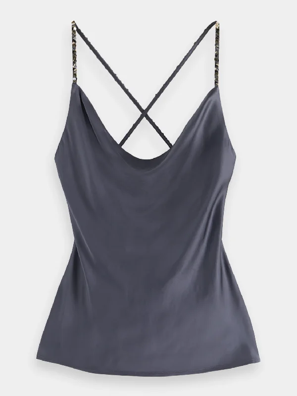 Cowl neck camisole with sequin straps