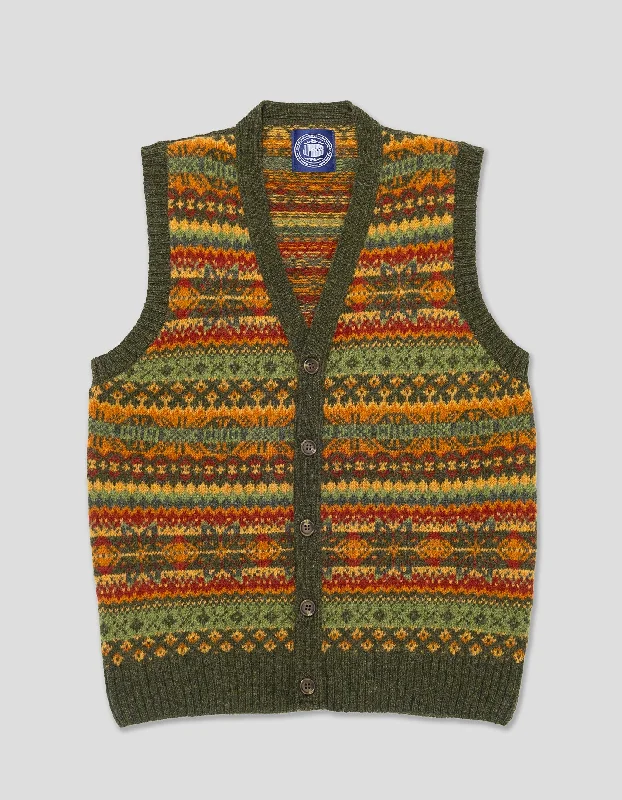 FAIR ISLE V-NECK VEST CARDIGAN - OLIVE