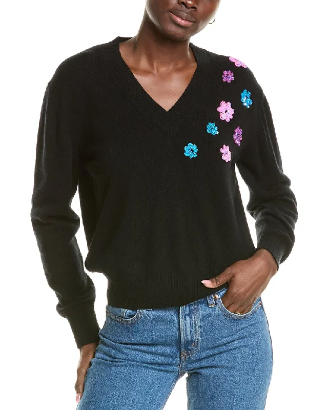 Brodie Cashmere Wool & Cashmere-Blend Sequin Floral V Neck Jumper