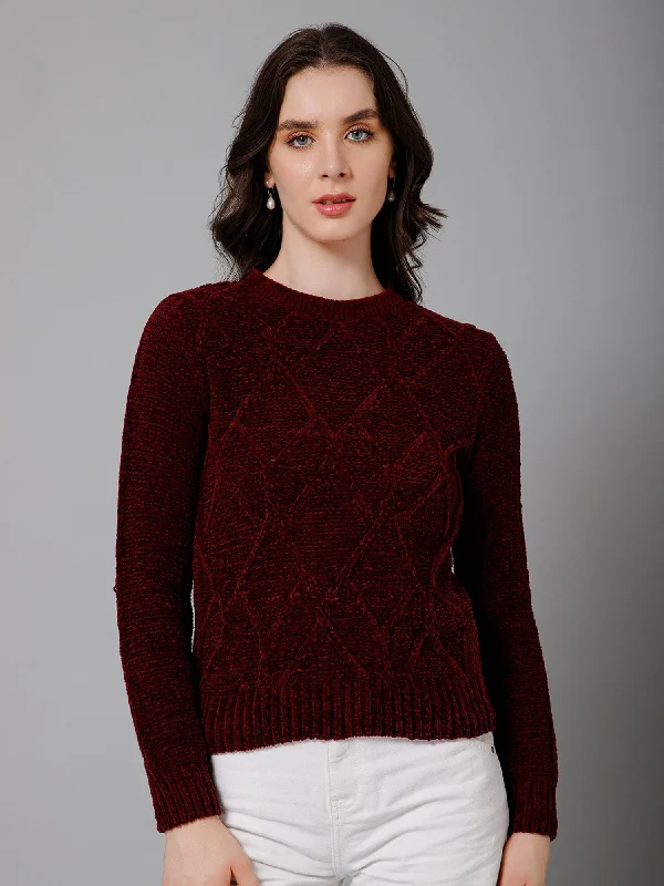 Women's Casual  Maroon Round neck Pullover Sweater