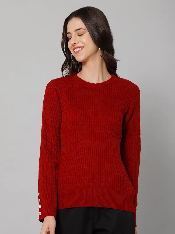 Women's Casual  Maroon Round neck Pullover Sweater