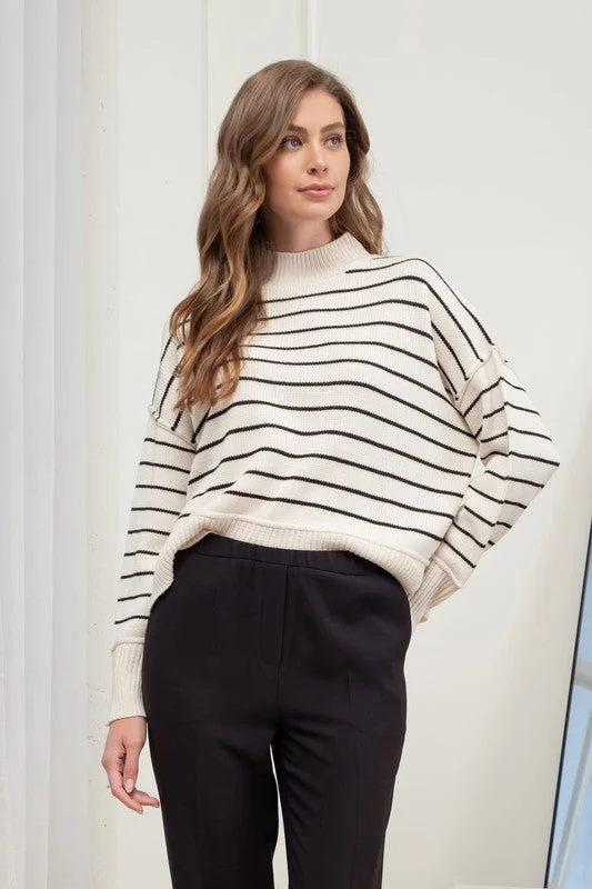 STRIPE MOCK NECK SIDE SPLIT KNIT PULLOVER SWEATER