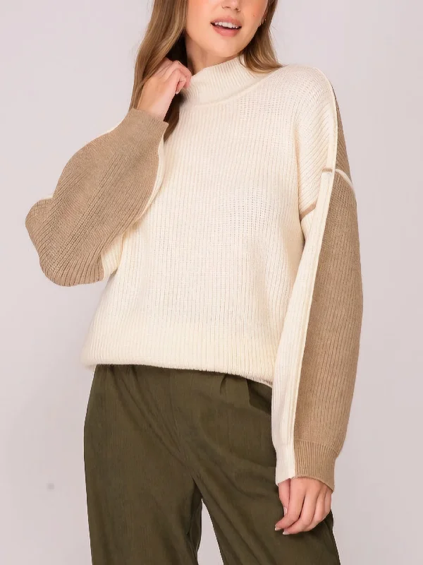 Two Sided Color Block Pullover Sweater - Ivory Taupe