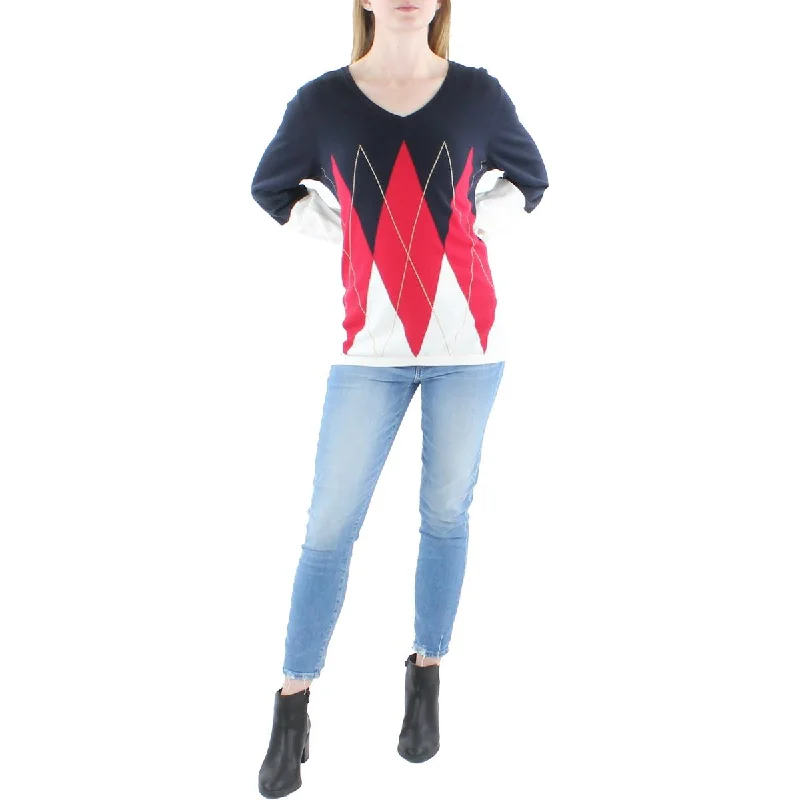 Womens Argyle Colorblocked Pullover Sweater