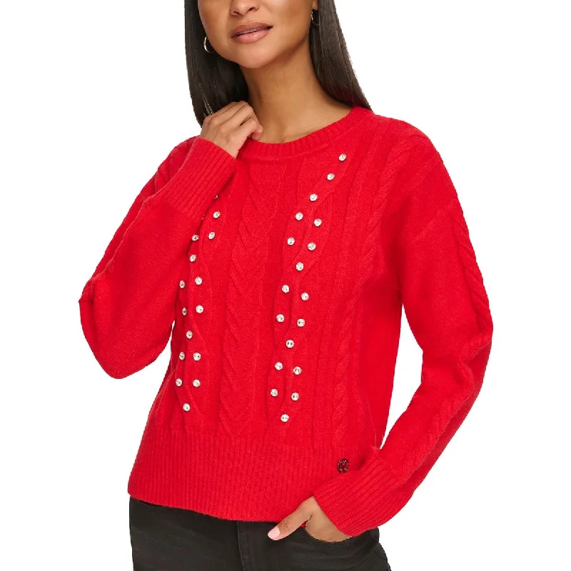 Womens Cable Knit Embellished Pullover Sweater