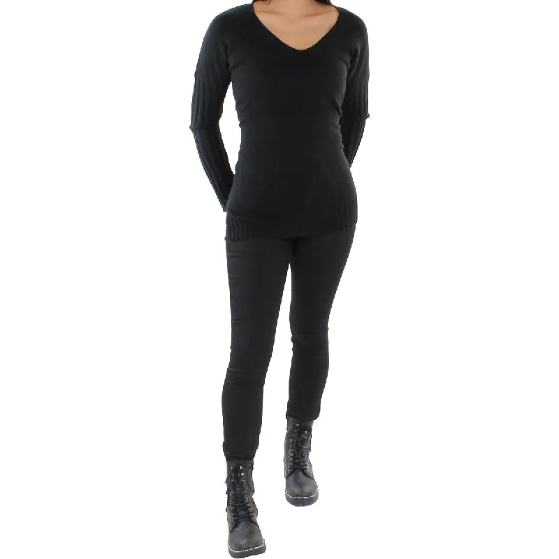 Womens Ribbed Trim V Neck Pullover Sweater