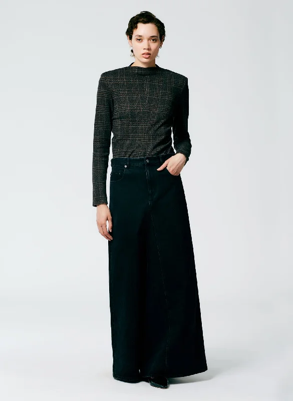 Black Denim Godet Maxi Skirt