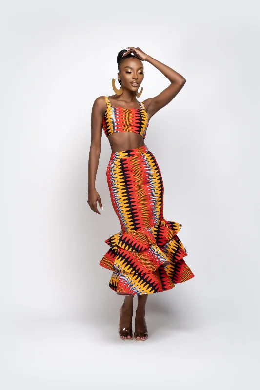 DEMI African Print SET ( Layered Midi Skirt AND Crop Top )