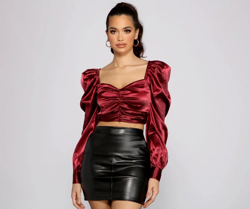 Falling For You Puff Sleeve Satin Crop Top