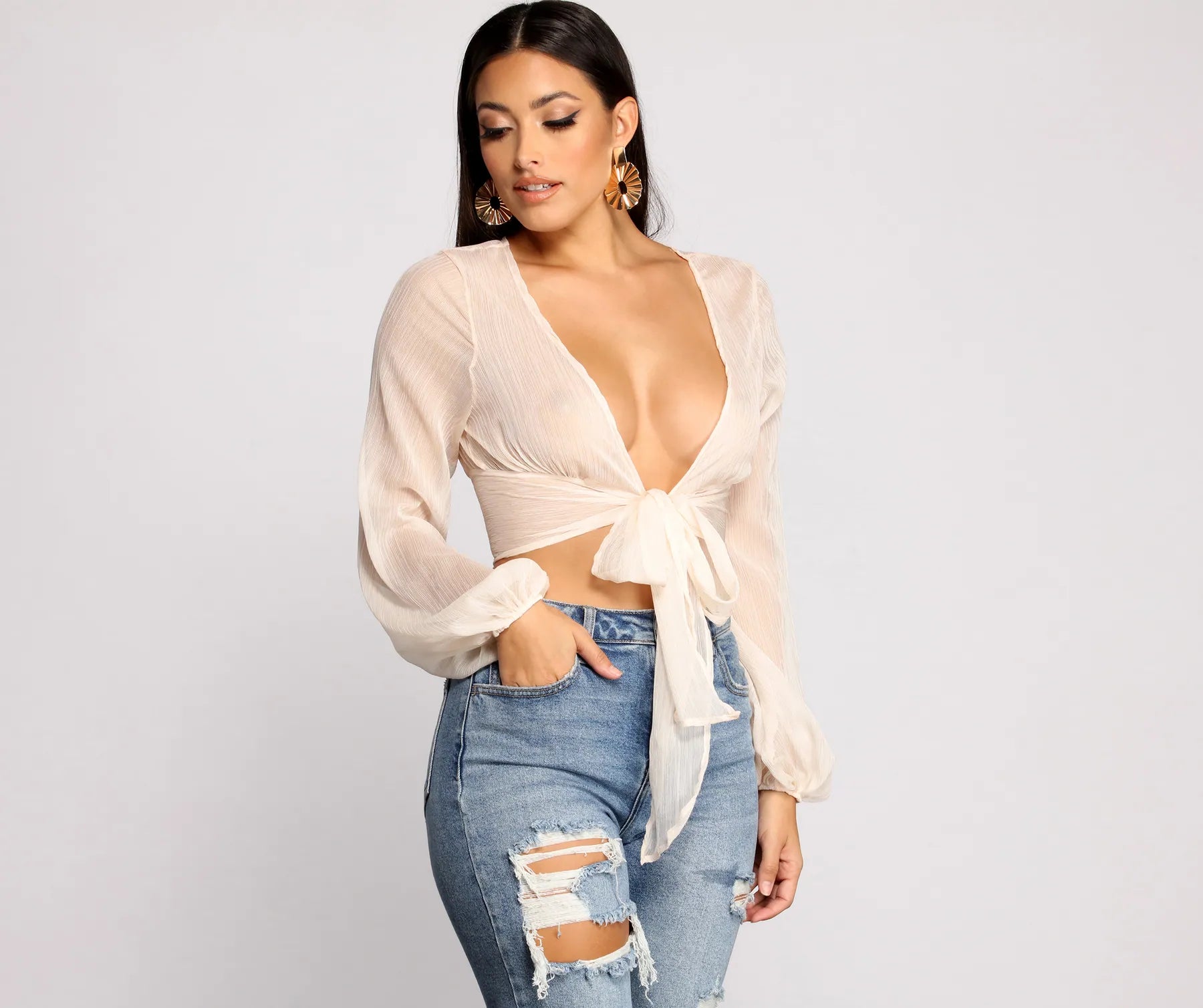 So Chic Tie Front Long Sleeve Crop Top