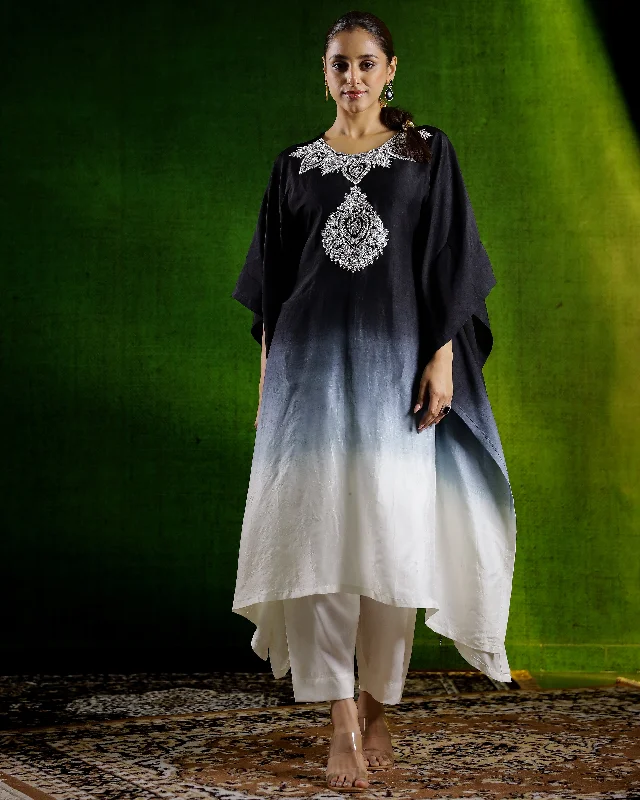 Black Embellished Raw Silk Kaftan Set