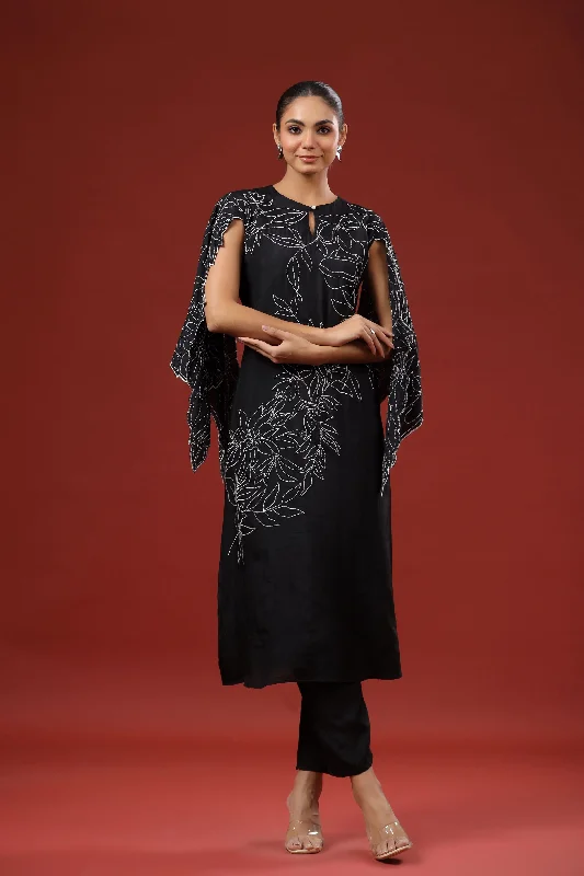 Black Embroidered Raw Silk Kurta Set