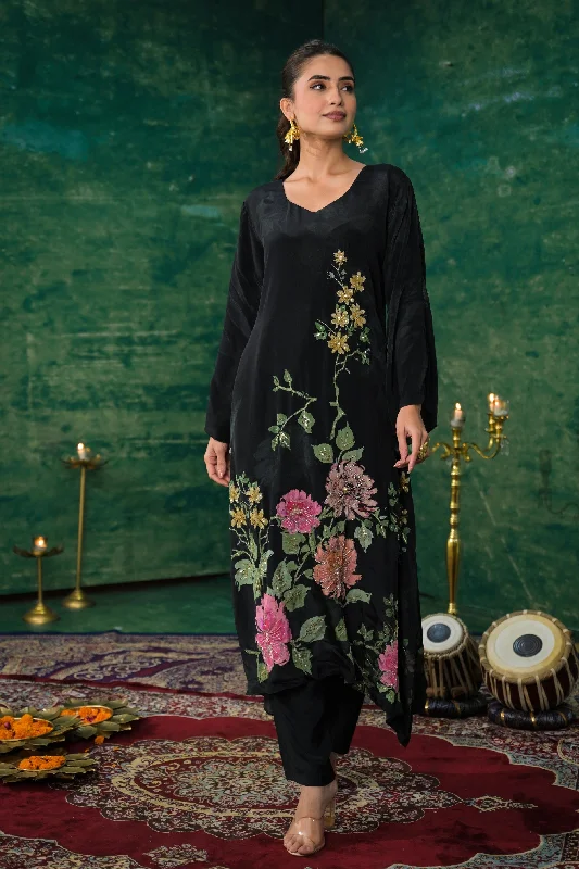 Black Floral Printed Crepe Silk Kurta Set