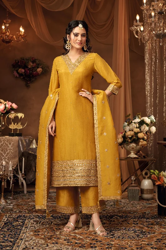 Yellow Embellished Tissue Organza Silk Kurta Pants Set