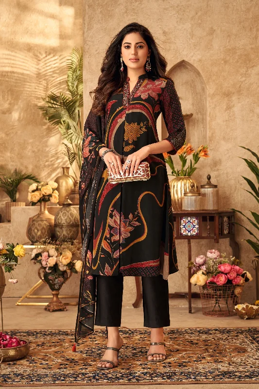 Black Floral Printed Georgette Silk Kurta Pants Set