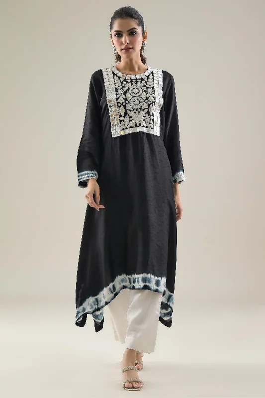 Black Tie Dye Raw Silk Kurta & Pants Set