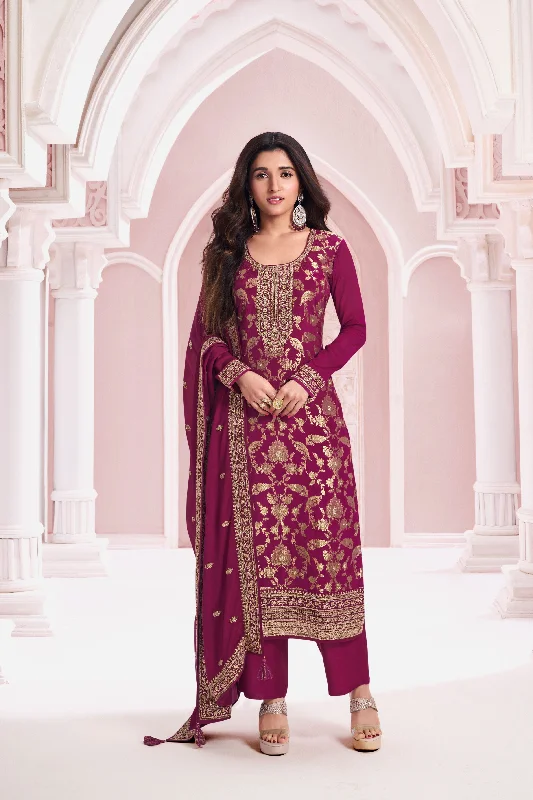 Deep Pink Banarasi Chinon Silk Pants Set