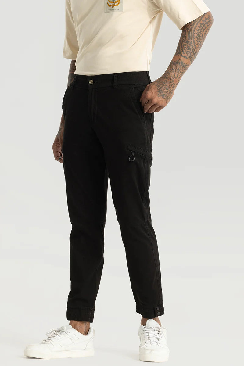 Enchant Black Plain Slim Fit Cargo Pants