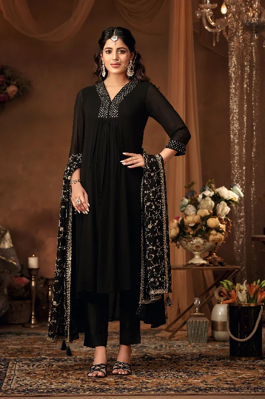 Black Embroidered Georgette Silk Kurta Pants Set