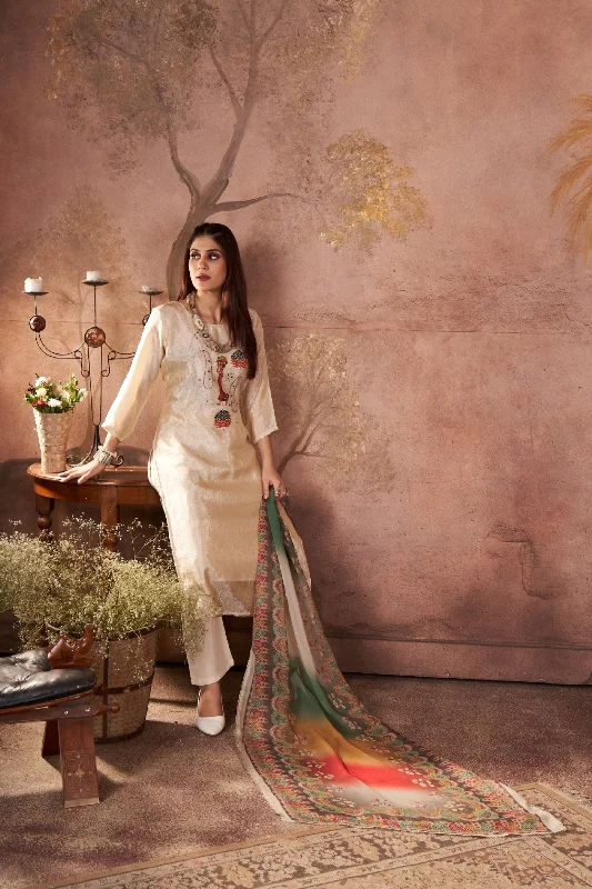 Golden Cream Embellished Shimmer Silk Kurta Pant Set