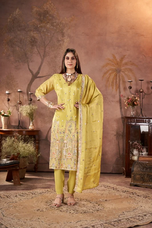 Pear Green Embellished Glass Tissue Silk Kurta Pant Set