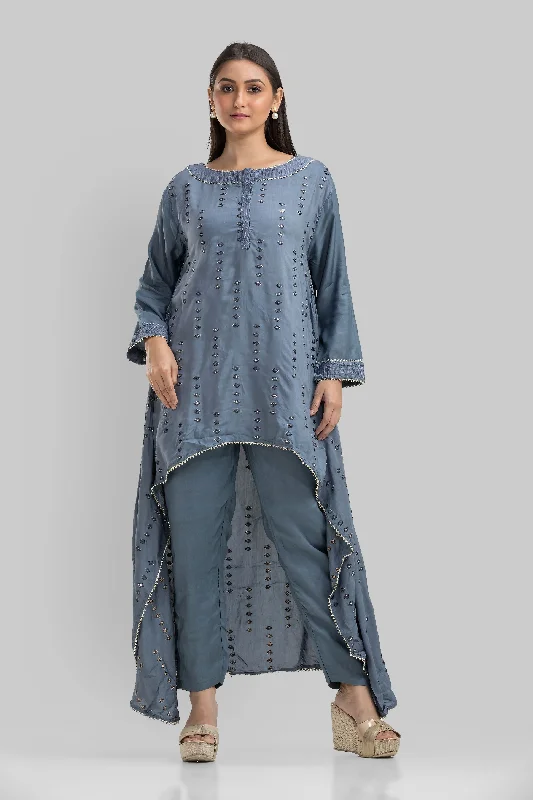 Grey Embroidered Muslin Silk Kurta Set