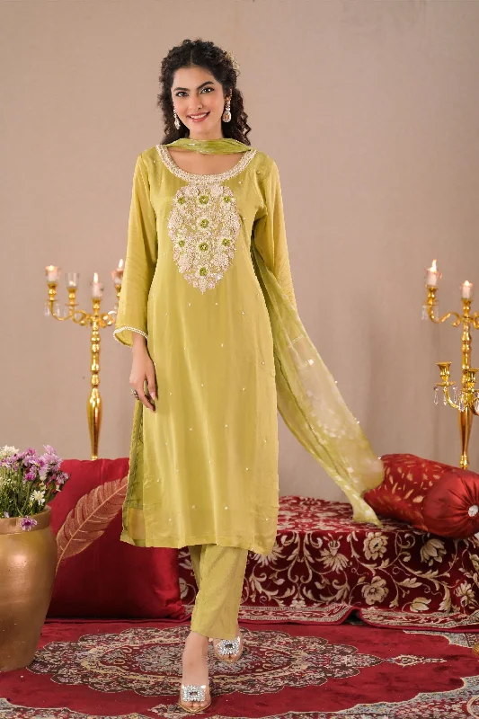 Light Green Embroidered Chinon Silk Pants Set