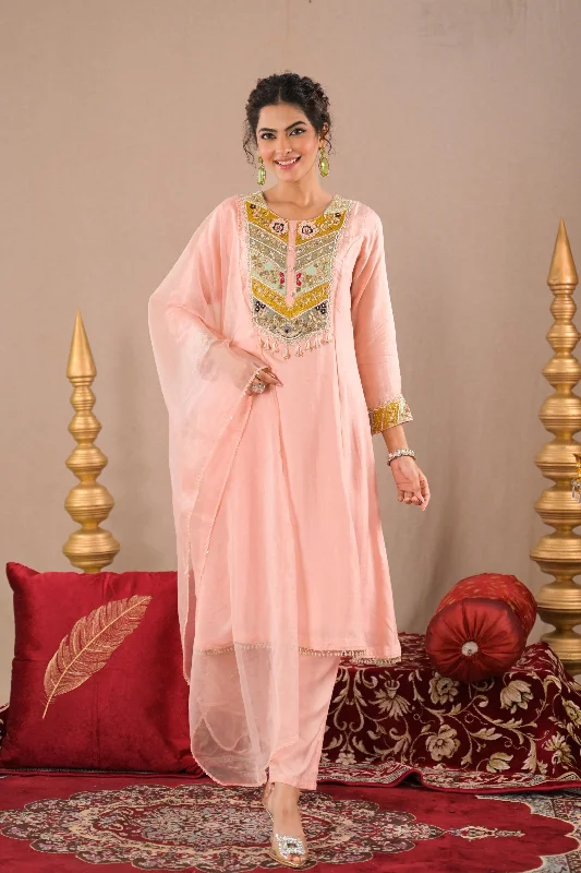 Light Peach Embroidered Raw Silk Pants Set