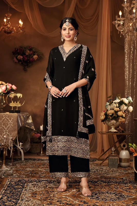 Royal Black Embellished Georgette Silk Kurta Pants Set