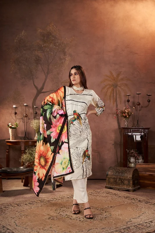 Off White Digital Printed Muslin Silk Kurta Pant Set