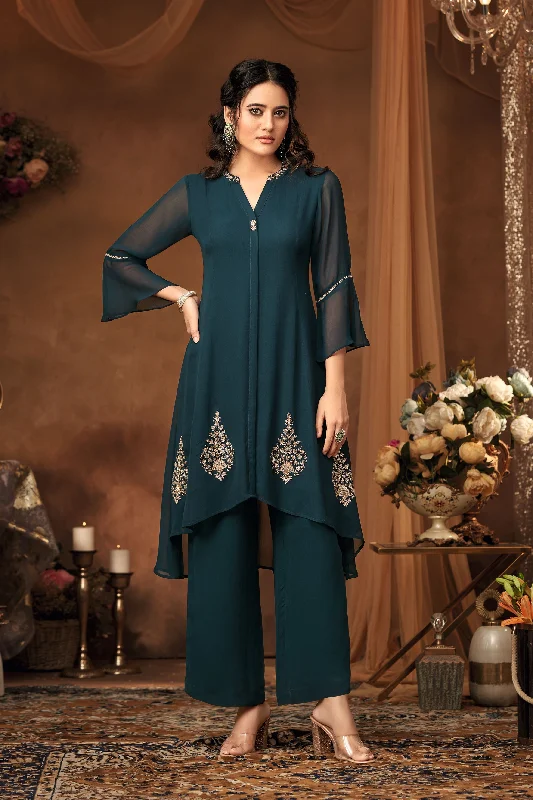 Teal Embroidered Georgette Silk Kurta Pants Set