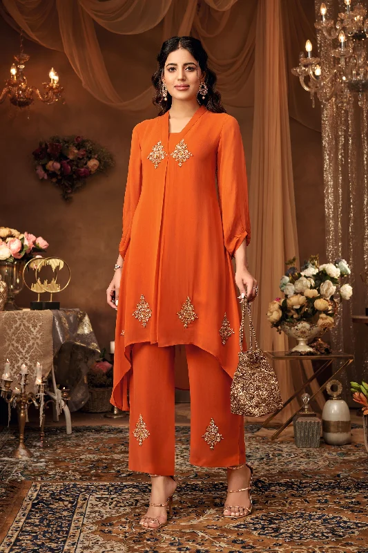 Orange Embroidered Georgette Silk Kurta Pants Set