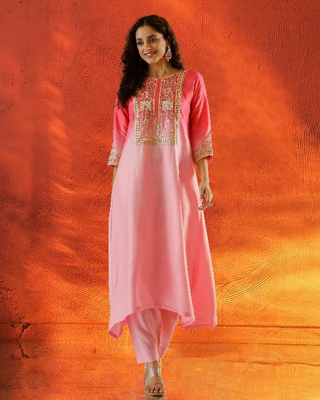 Peach Embellished Raw Silk Kurta Set