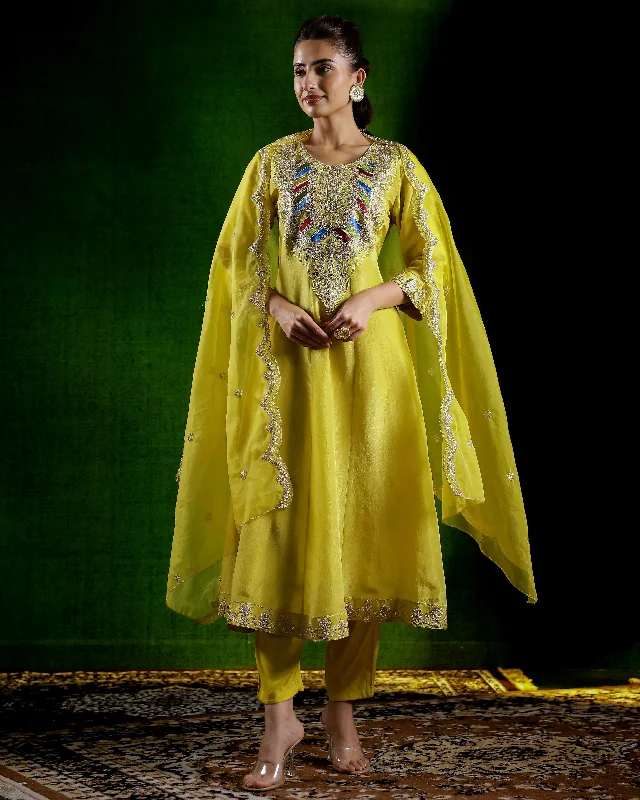 Yellow Embellished Tissue Silk Kurta Set