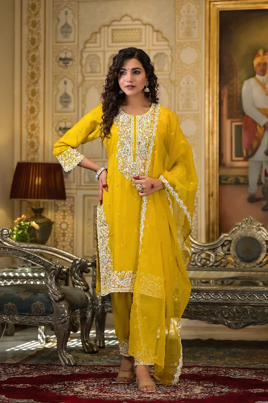 Pear Yellow Embroidered Dola Silk Pants Set