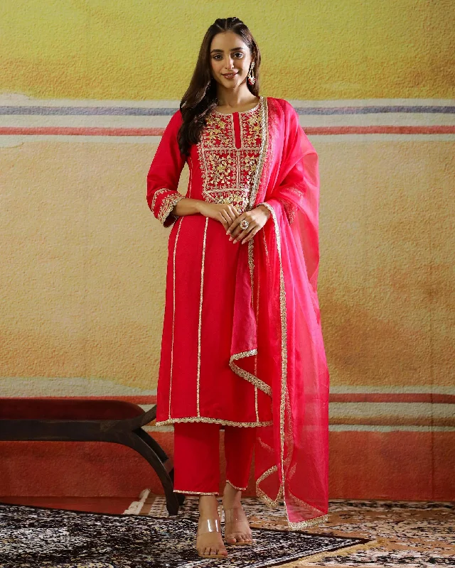 Rani Pink Embroidered Raw Silk Pants Set