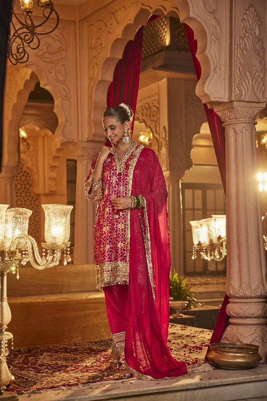 Red Embroidered Brocade Silk Salwar Set