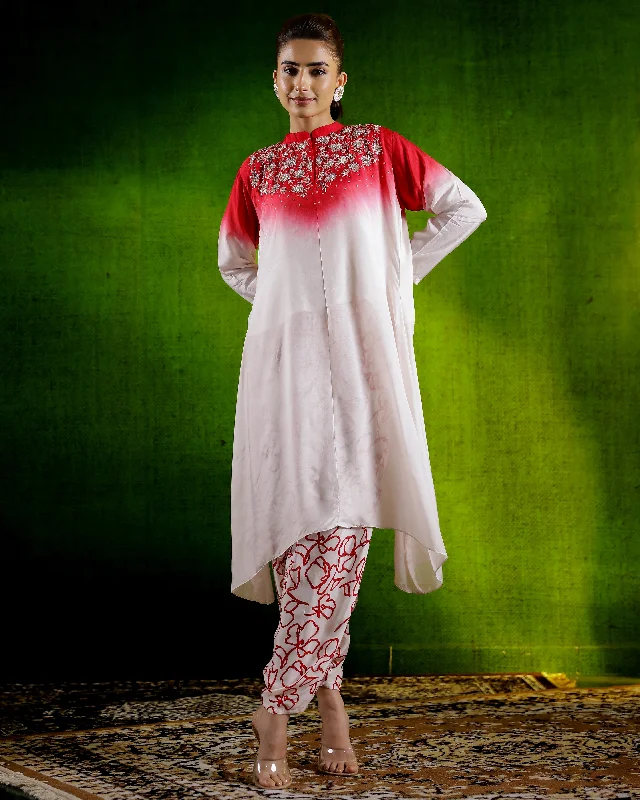 Red Ombre-Dyed Satin Silk Kurta & Cowl Pants Set