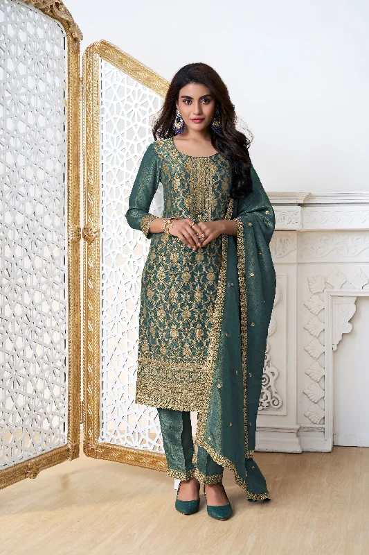 Teal Green Banarasi Tissue Silk Pants Set