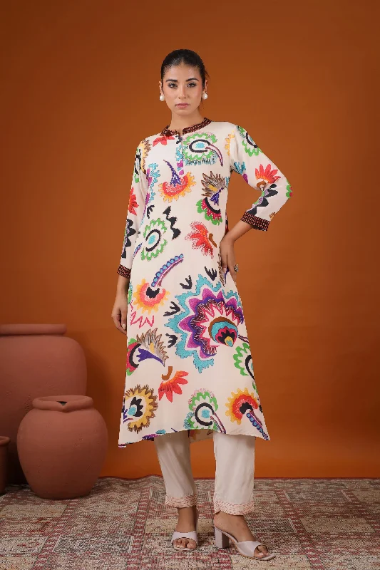 White Abstract Floral Printed Kurta Set